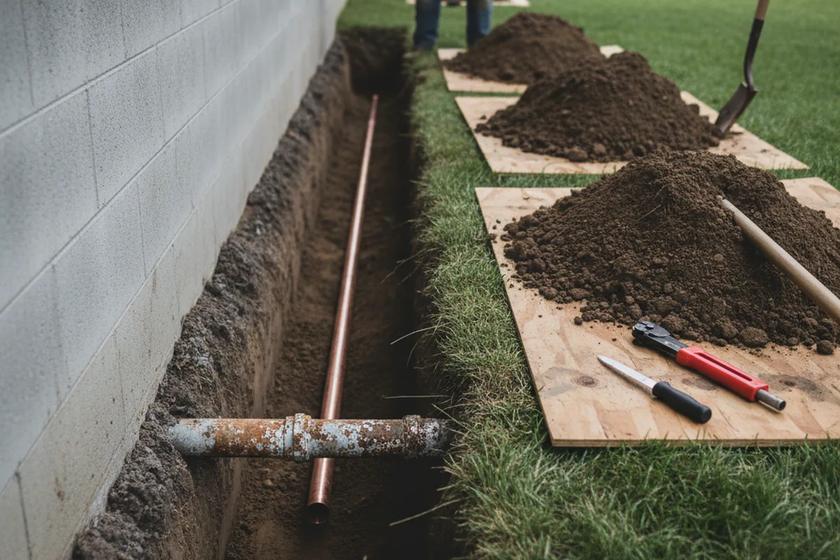 Excavated water line trench during Sewer Line Repair in Adger